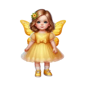 Cute Little Girl in Yellow Fairy Costume with Butterfly Wings