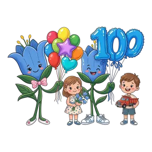 Cartoon Children with Blue Flower Characters and Balloons Celebrating 100