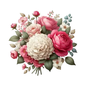Detailed Pink and White Floral Bouquet with Green Leaves