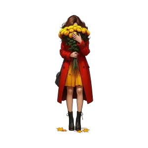 Woman in Red Coat Holding Yellow Chrysanthemum Bouquet