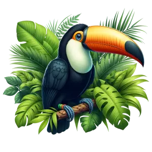 Colorful Toucan Bird Amid Tropical Green Leaves