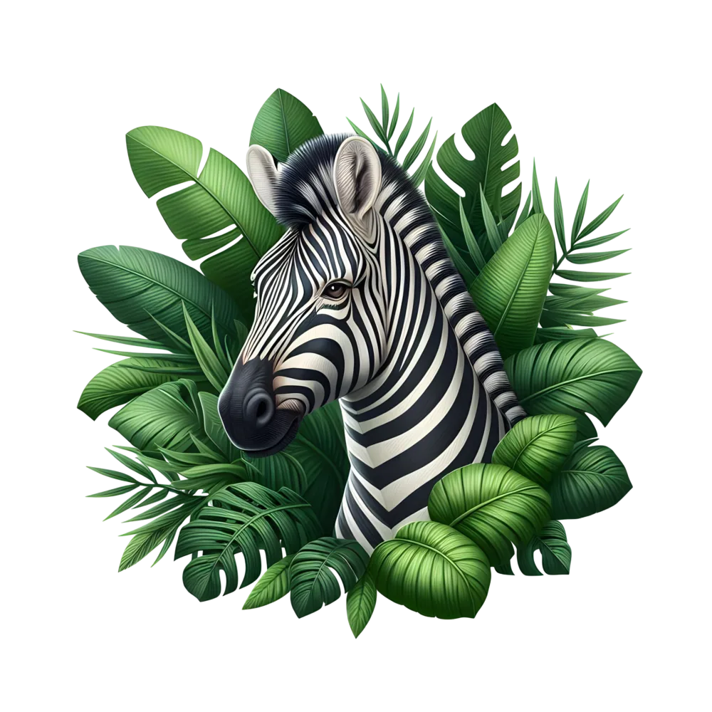 Zebra Head Surrounded by Tropical Leaves Illustration