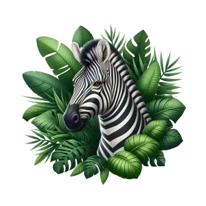 Zebra Head Surrounded by Tropical Leaves Illustration