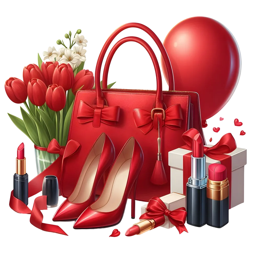 Red Fashion Accessories with Tulip Flowers and Gift Boxes