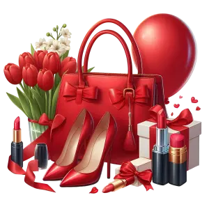 Red Fashion Accessories with Tulip Flowers and Gift Boxes