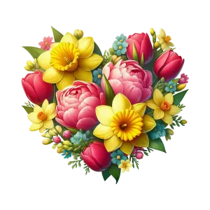 Heart-Shaped Spring Flowers Bouquet with Daffodils and Tulips