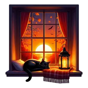 Black Cat Sleeping on Cozy Window Seat at Autumn Sunset