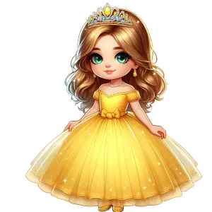 Cute Cartoon Princess in Yellow Dress and Crown