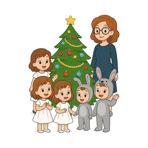 Cartoon Family with Children and Christmas Tree