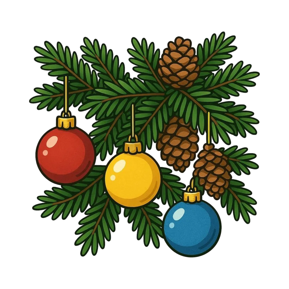 Christmas Pine Branch with Colorful Baubles and Pine Cones