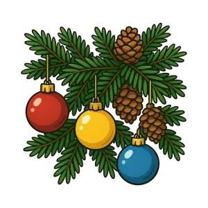 Christmas Pine Branch with Colorful Baubles and Pine Cones
