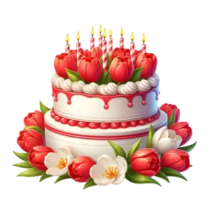 Two-tier Birthday Cake Decorated with Red Tulips and Candles