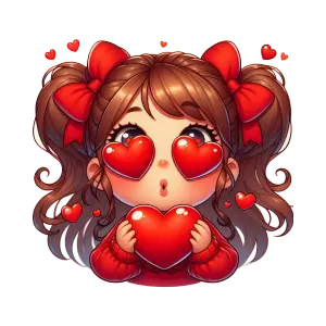 Cute Cartoon Girl with Heart Eyes and Red Bows Holding a Heart
