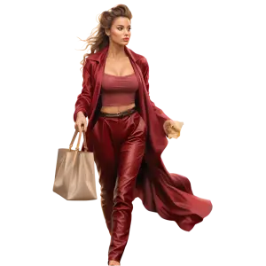 Confident Woman in Red Fashion Outfit with Shopping Bag