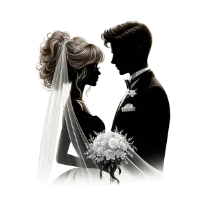 Silhouetted Bride and Groom Wedding Couple with Bouquet