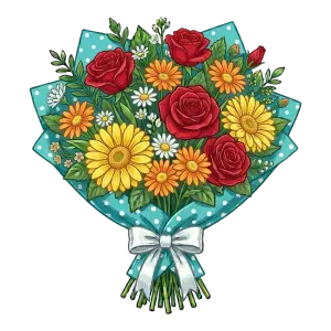 Colorful bouquet of red roses and yellow flowers wrapped in blue polka dot paper with white ribbon