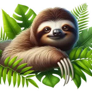 Smiling Sloth Resting on Green Tropical Leaves