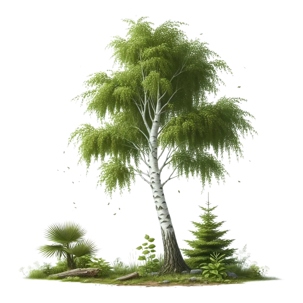 Green Birch Tree with Various Plants and Small Pine Tree