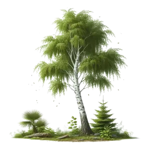 Green Birch Tree with Various Plants and Small Pine Tree