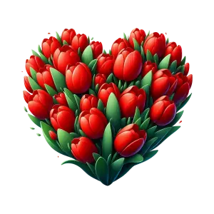 Heart Shape Made of Red Tulip Flowers with Green Leaves