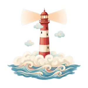 Illustrated Red and White Lighthouse with Ocean Waves and Clouds