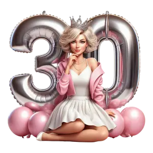Woman Celebrating 30th Birthday with Silver Balloon Numbers and Pink Decor