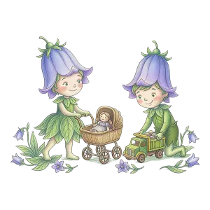 Cute Kids Dressed as Bluebell Flower Fairies Playing with Toys
