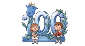 Cute Children with Flowers and Toy Truck Around Number 100
