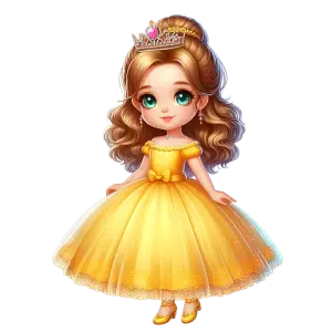 Cute Cartoon Princess Girl in Yellow Dress with Crown