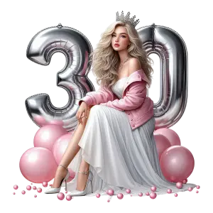 Elegant Woman Celebrating 30th Birthday with Silver Balloons and Pink Accents