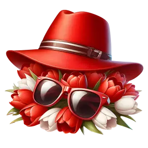 Red Fedora Hat with Sunglasses and Tulip Flowers