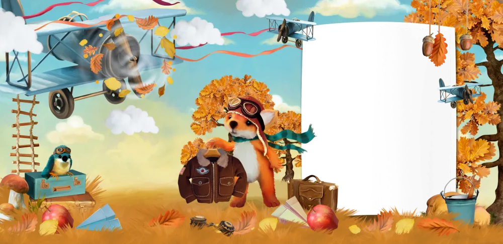 Autumn Scene with Fox Cub Aviator and Vintage Biplanes