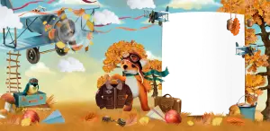 Autumn Scene with Fox Cub Aviator and Vintage Biplanes