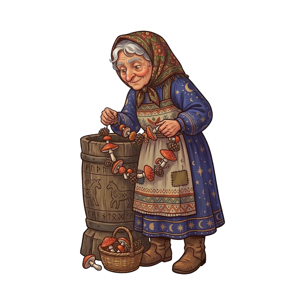 Elderly Woman Stringing Mushrooms and Pinecones in Folk Attire