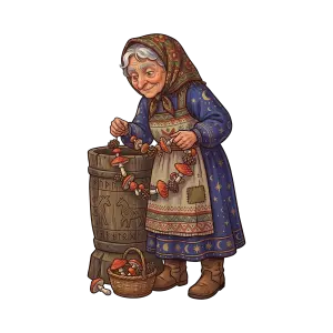 Elderly Woman Stringing Mushrooms and Pinecones in Folk Attire