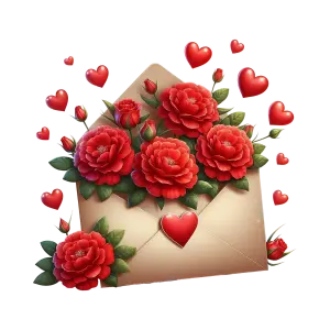 Envelope with Red Roses and Floating Hearts