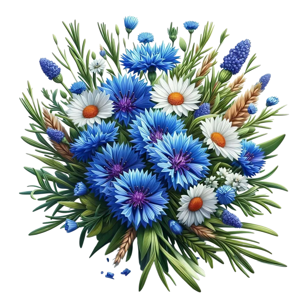 Blue Cornflowers and White Daisies Floral Bouquet