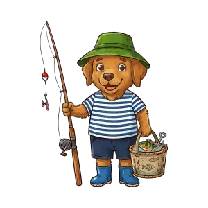 Cute Cartoon Dog Fisherman Holding Fishing Rod and Basket