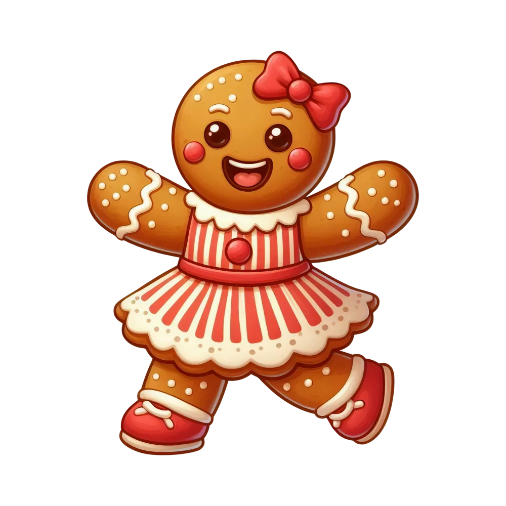 Cute Gingerbread Cookie Character with Red Dress and Bow