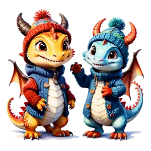 Cute Cartoon Dragons Wearing Winter Knit Hats and Sweaters