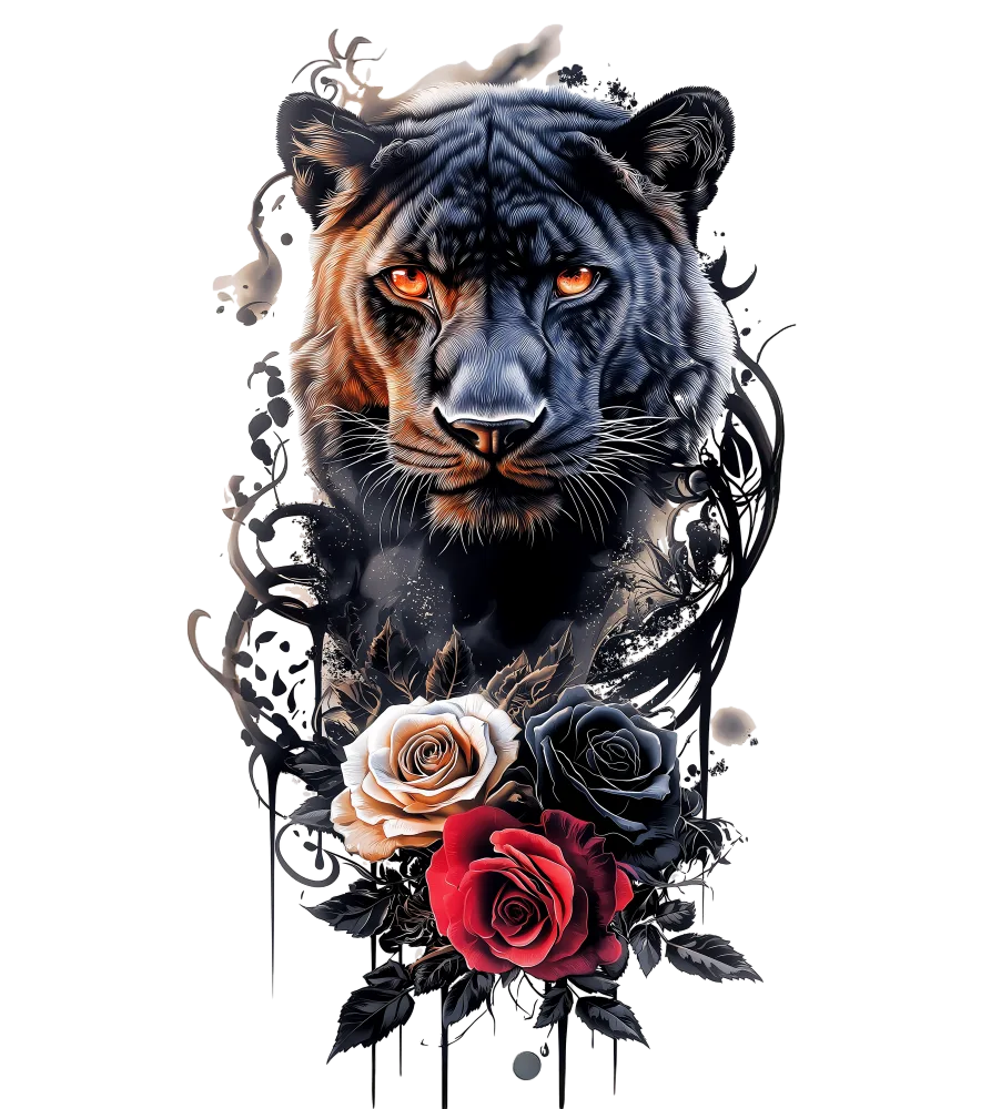 Panther with Three Colored Roses and Ornamental Vines