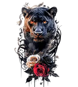 Panther with Three Colored Roses and Ornamental Vines