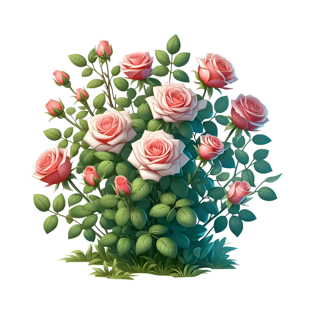 Pink Rose Bush with Blossoms and Buds