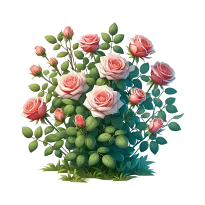 Pink Rose Bush with Blossoms and Buds