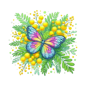 Colorful Butterfly on Yellow Mimosa Flowers and Green Leaves