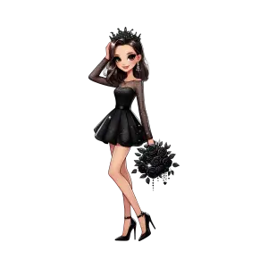 Elegant Cartoon Woman in Black Dress Holding Black Rose Bouquet