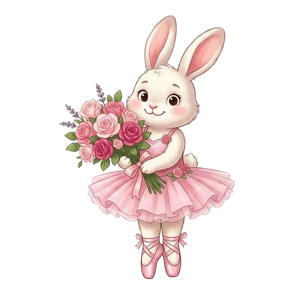Cute Bunny Ballerina Holding Pink Rose Bouquet