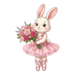 Cute Bunny Ballerina Holding Pink Rose Bouquet