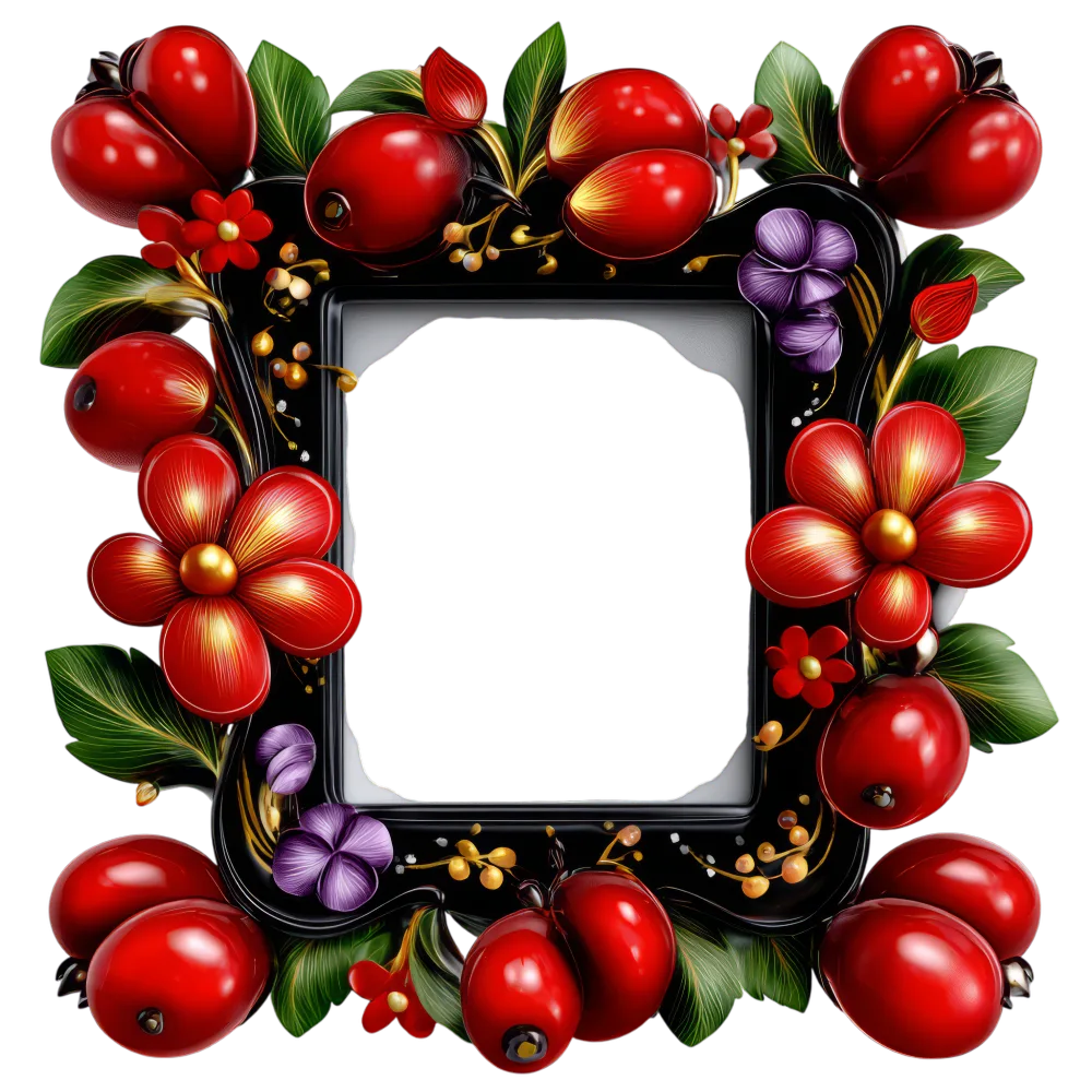 Ornate Black Square Frame with Red and Purple Flowers and Green Leaves