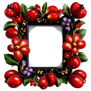 Ornate Black Square Frame with Red and Purple Flowers and Green Leaves